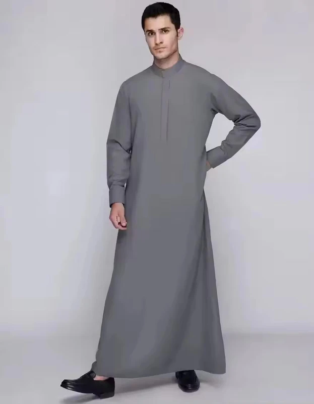 CHINEE High Quality Men's Islamic Robe Floor Length Loose Fit Polyester Long Sleeve Casual Breathable V Neck Beach Prayer Use