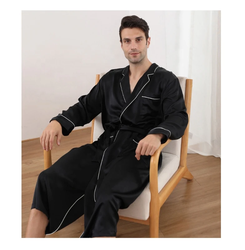 CHINEE High Quality Mens Robe With Piping Luxury 19mm 100% Pure Silk Robe Men