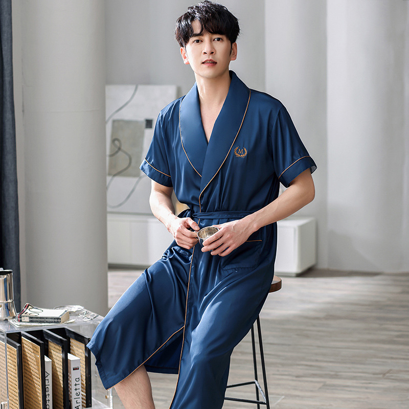 CHINEE High Quality Men's Sleepwear Quick Dry Summer Solid Ice Silk Robes V Neck Plus Size Casual Knitted Fabric Short Sleeves