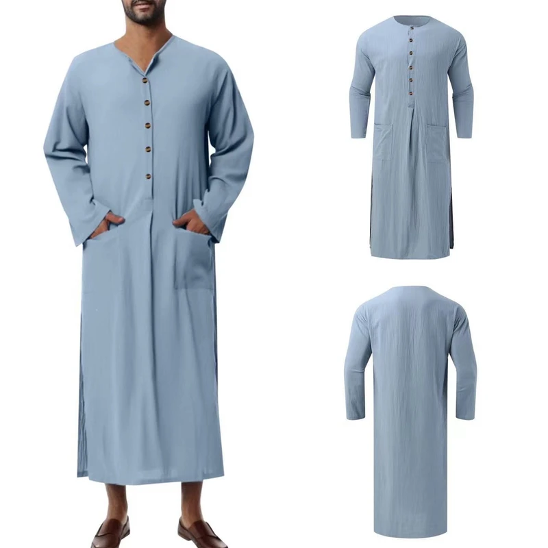 CHINEE High Quality Men's Solid Color Stand Collar Long Sleeve Arabic Muslim Long Robe Men Arabic for Middle East Arabic