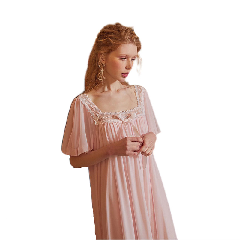 CHINEE High Quality Short Sleeved Nightdress Nighty Designs Vintage French Style Nightgown Silk Satin Elegant Lace Pajamas for Women's