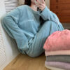 CHINEE High Quality Winter Warm Flannel Women Pyjamas Sets Thick Solid Color Sleepwear Coral Fleece Pajamas Set