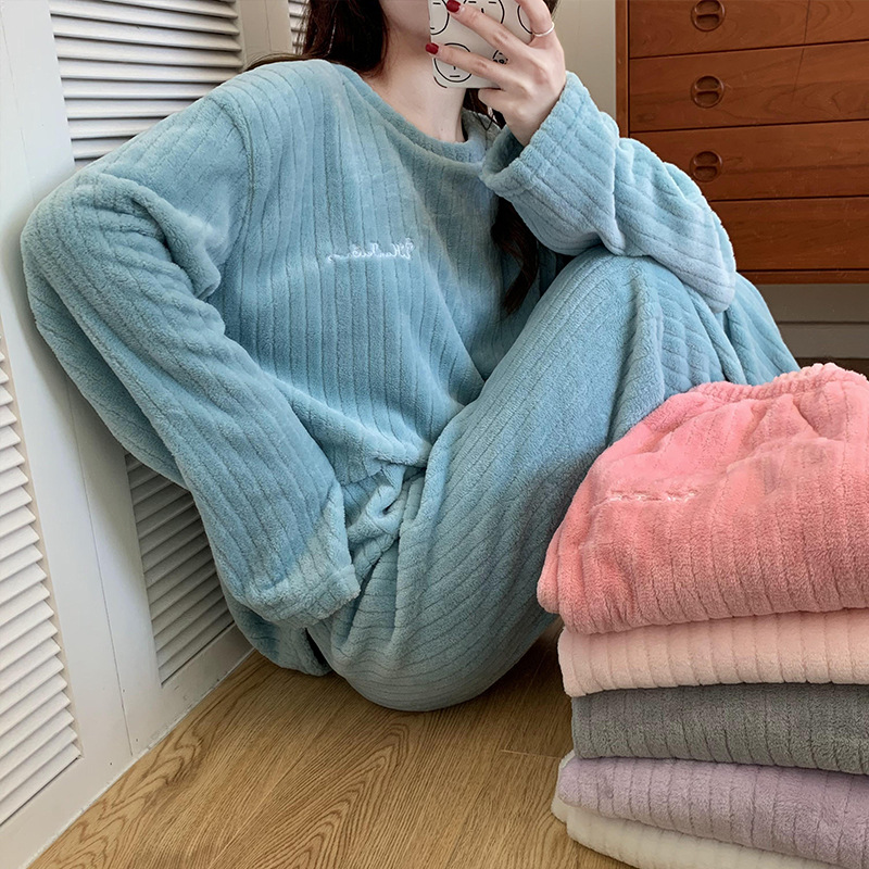 CHINEE High Quality Winter Warm Flannel Women Pyjamas Sets Thick Solid Color Sleepwear Coral Fleece Pajamas Set