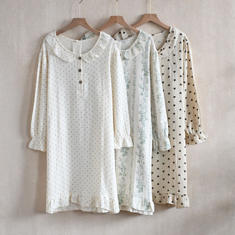 CHINEE High Quality Women Night Dress Long Sleeved Cotton Sleepwear Floral Print Loose Nightgown Sleep Dress for Women