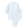 CHINEE High Quality Women's Three Quarter Sleeve Solid Summer Sleepwear Fine Cotton Pajama Set Elastic Waist Plain Double Layer Gauze