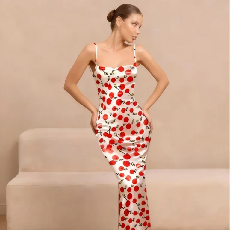 CHINEE-Higher-Quality-Fashion-Sexy-Summer-Red-Cherry-Pattern-Womens-Silk-Nightgown-Dress