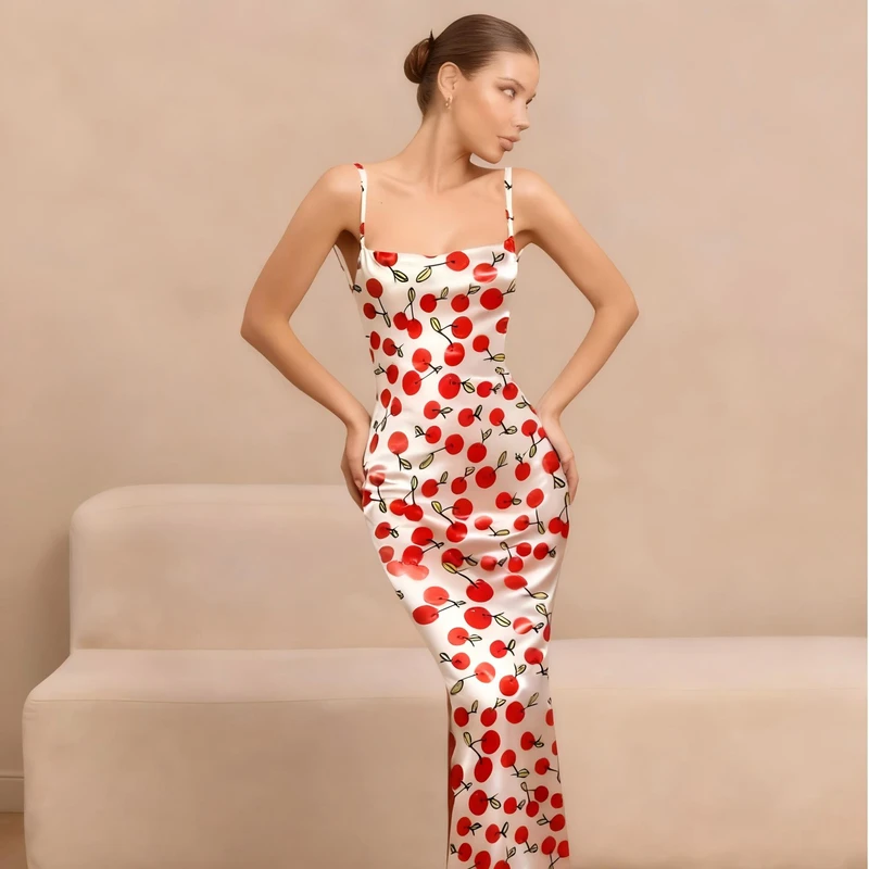 CHINEE Higher Quality Fashion Sexy Summer Red Cherry Pattern Women's Silk Nightgown Dress