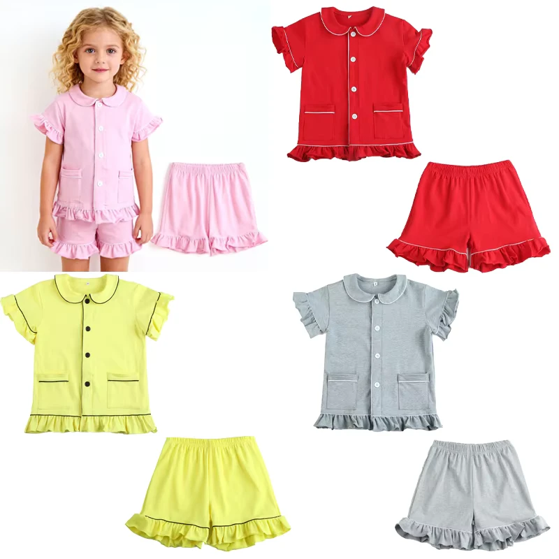 CHINEE Hight Quality 95% cotton Knit Baby Sleepwear Summer Ruffle Two Piece Short Pajamas Kids Girls Pajamas Set