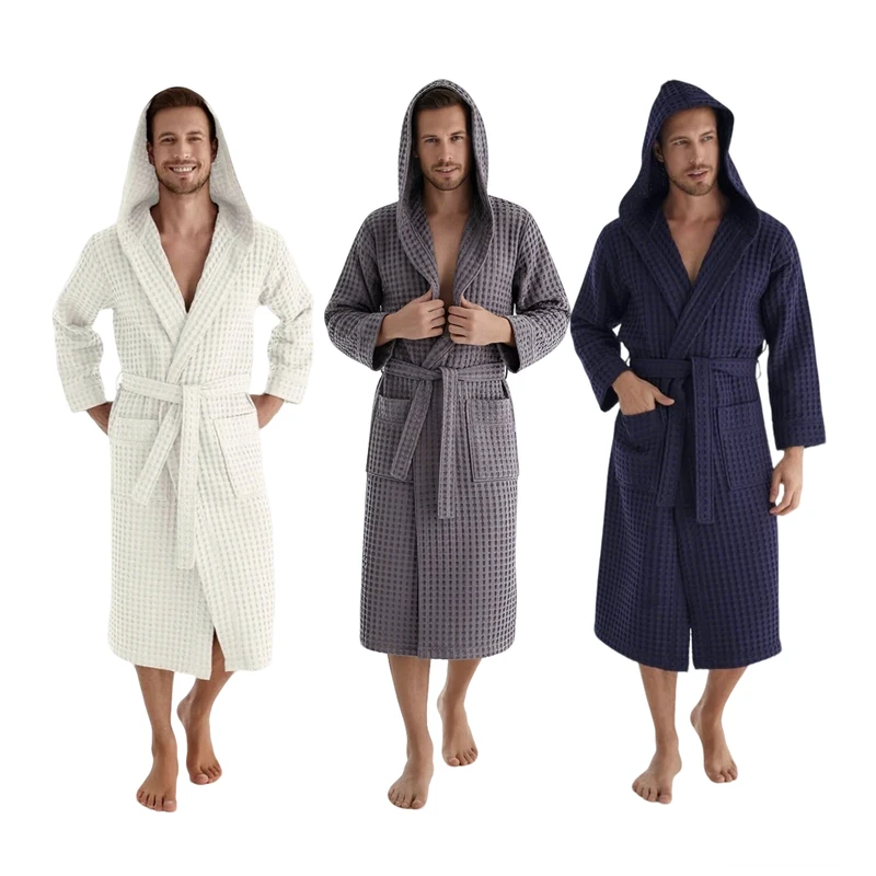 CHINEE Hongbo Designer Custom Luxury Mens Robe Plain Color Full Sleeve 100% Cotton Lightweight Waffle Bamboo Hooded Men's Bathrobe