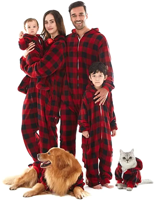 CHINEE Hooded Elastic Waist Family Matching Christmas Pajamas Set Plus Size Polyester Adult Buffalo Plaid Fleece Thermal
