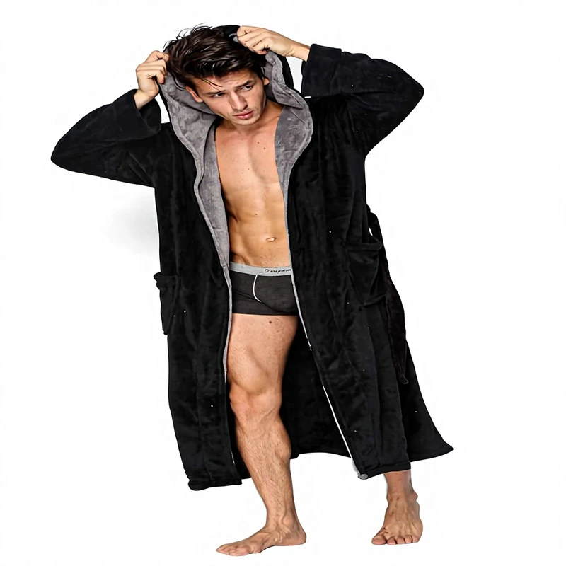 CHINEE Hooded Herringbone Mens 100 Percent Polyester Soft Spa Long Sleeve Full Length Bathrobe Comfy Warm Nightdress