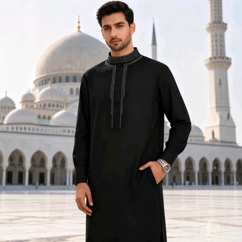 CHINEE Hot Men's Casual Polyester Gown Cross Border Muslim Robe with Stand Collar Rhinestone Long Sleeve Autumn New Design Middle East