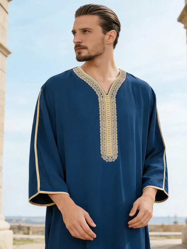 CHINEE Hot New Middle East Cross border Trade Ethnic Style Moroccan Men's Robe Free Size Summer Silk Side Pocket Embroidery Polyester
