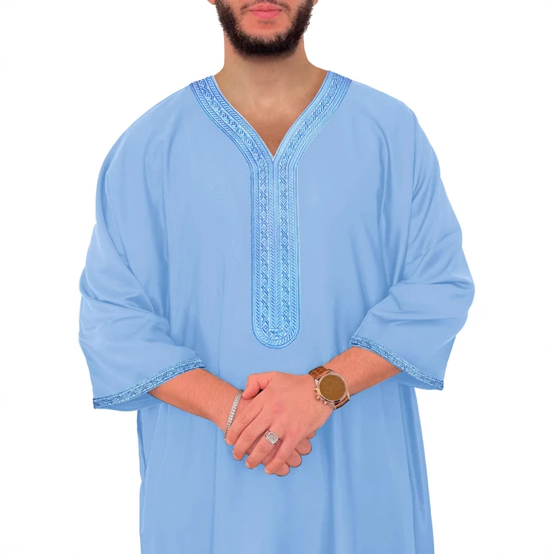 CHINEE Hot New Moroccan Men's Robe Mid Sleeve Embroidered Ethnic Style for Middle Eastern Cross Border Trade Free Size Side Pockets