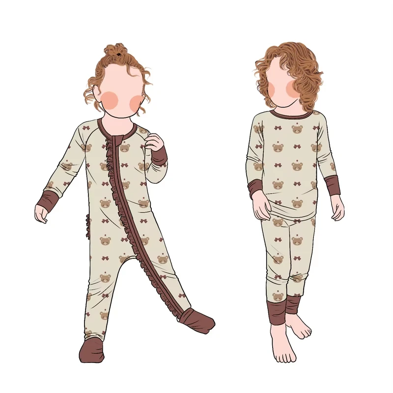 CHINEE Hot Selling Personality Simple Sweet Cute Bear Printed Long Sleeves Children 2pcs Pajamas Kids Sleepwear Set for Toddler Baby