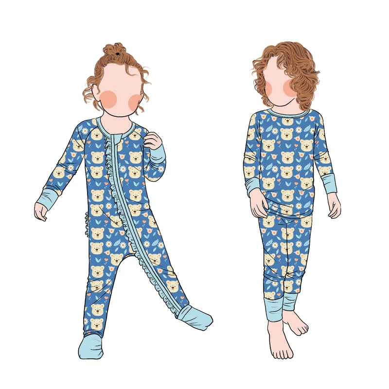 CHINEE Hot Selling Personality Simple Sweet Cute Bear Printed Long Sleeves Children 2pcs Pajamas Kids Sleepwear Set for Toddler Baby