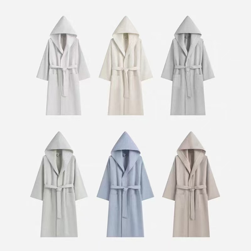 CHINEE Hotel Couples Hooded Cotton Bathrobe Solid Honeycomb Towel Material Men Women Home Use