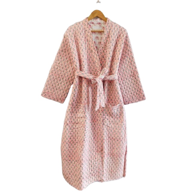 CHINEE Indian Pink Quilted Cotton Robe Floral Handmade Printed Long Kimono for Winter Summer Autumn Spring Bridesmaid Dressing Gown