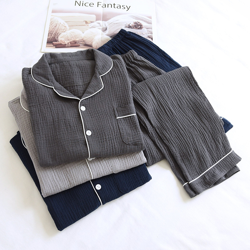 CHINEE Japanese Pijamas Cotton Men's Pajama Set Loose Spring Autumn Double Layer Gauze Full Cotton Crepe Long Sleeve
