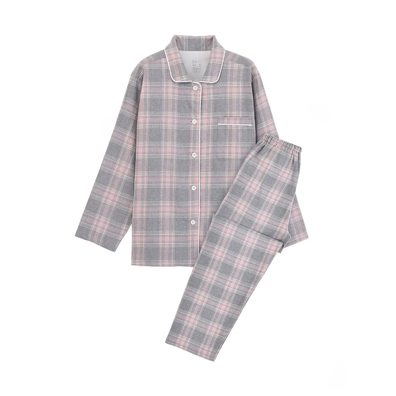 CHINEE Japanese Style 100% Cotton Flannel Pajamas, Breathable, Elastic Waist, Soft Plaid, Winter, Women Men