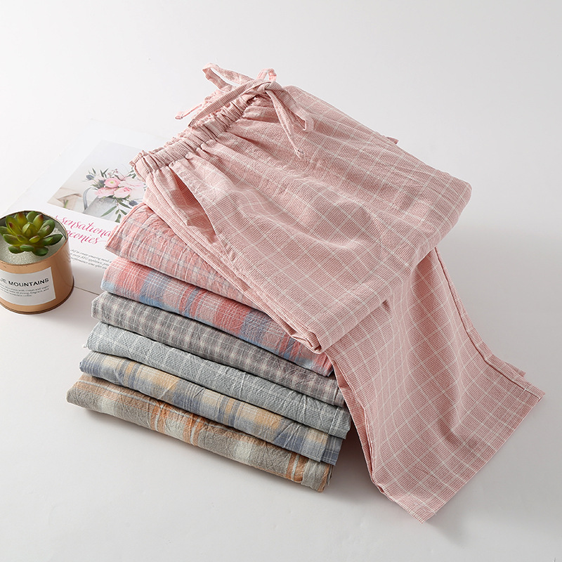 CHINEE Japanese Style Couple Washed Cotton Pure Cotton Breathable Drawstring Closure Men's Women's Pajama Trousers Summer Straight