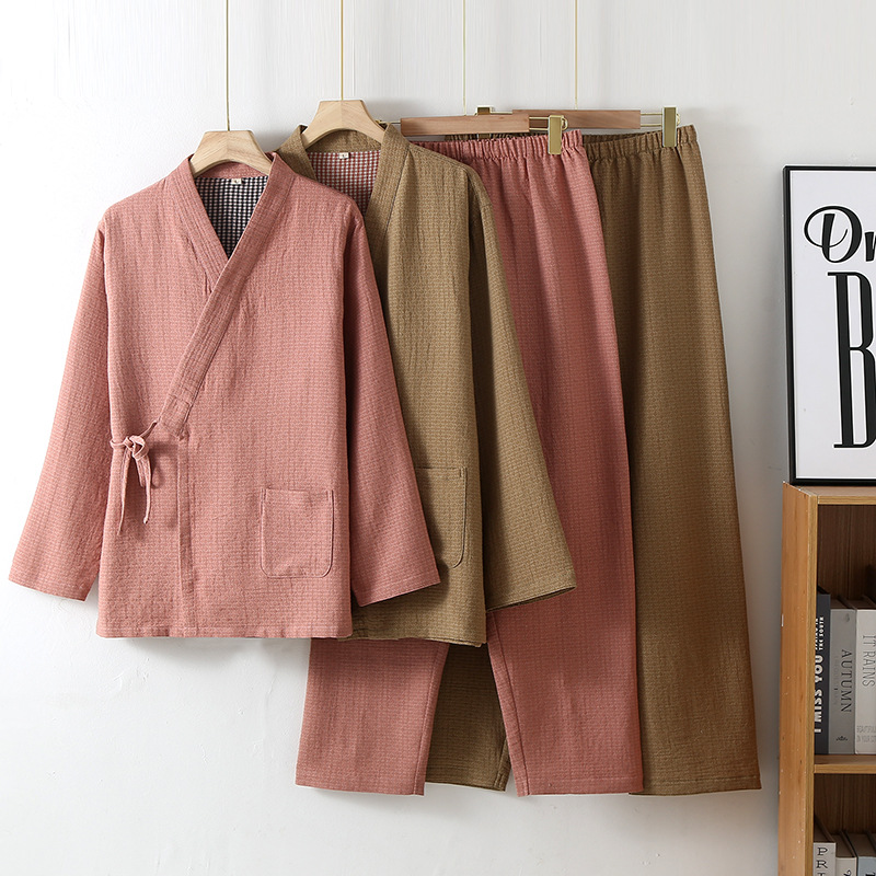 CHINEE Japanese Style Unprinted Pure Cotton Double Layer Gauze Couple Pajamas Spring Autumn Summer Loose Knitted