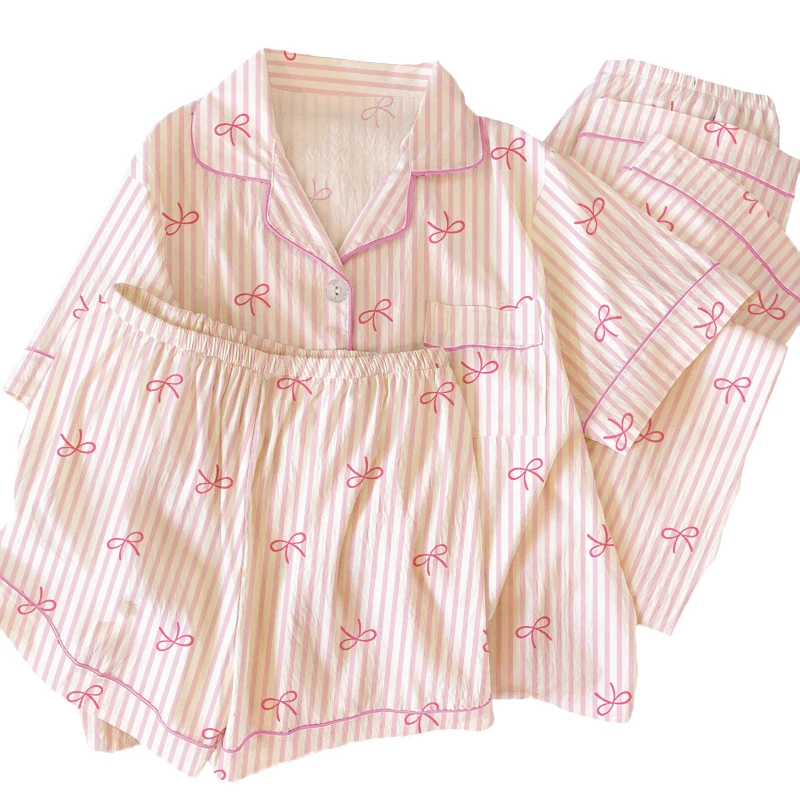 CHINEE Japanese style Striped Crinkle Fabric Summer Women's Short sleeve 3 piece Pajama Set Unique And Stylish Loungewear