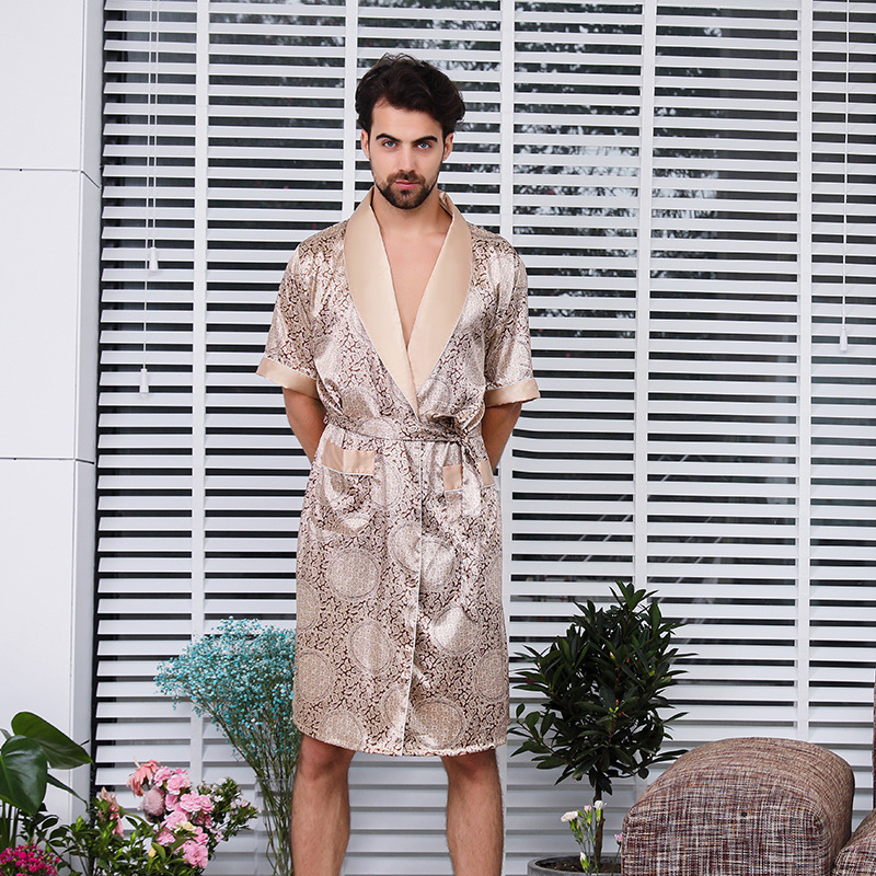 CHINEE Jingyong Men's Summer Sleep Robe Short Sleeve Breathable Imitated Silk Knitted Polyester Fabric European American Style Pockets