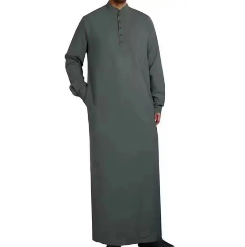 CHINEE Jubba High Quality Islamic Men's Cotton V Neck Robe Floor Length Loose Fit Long Sleeve Casual Breathable Beach Embroidery Solid