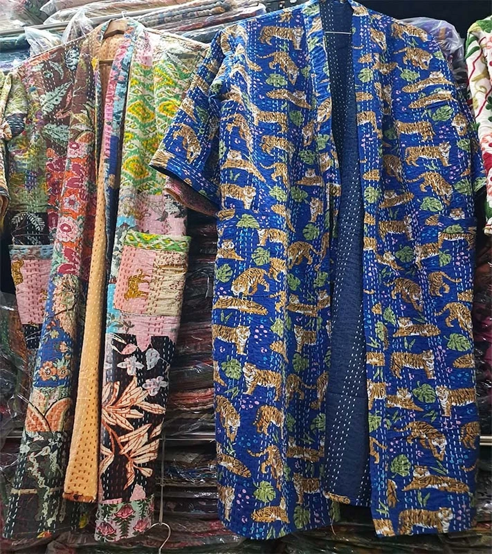 CHINEE Kantha Work Indian Handmade Long Kimono Robes Kimono Cardigan Beach Wear Cotton Robe Floral Kimono GC AP 1511