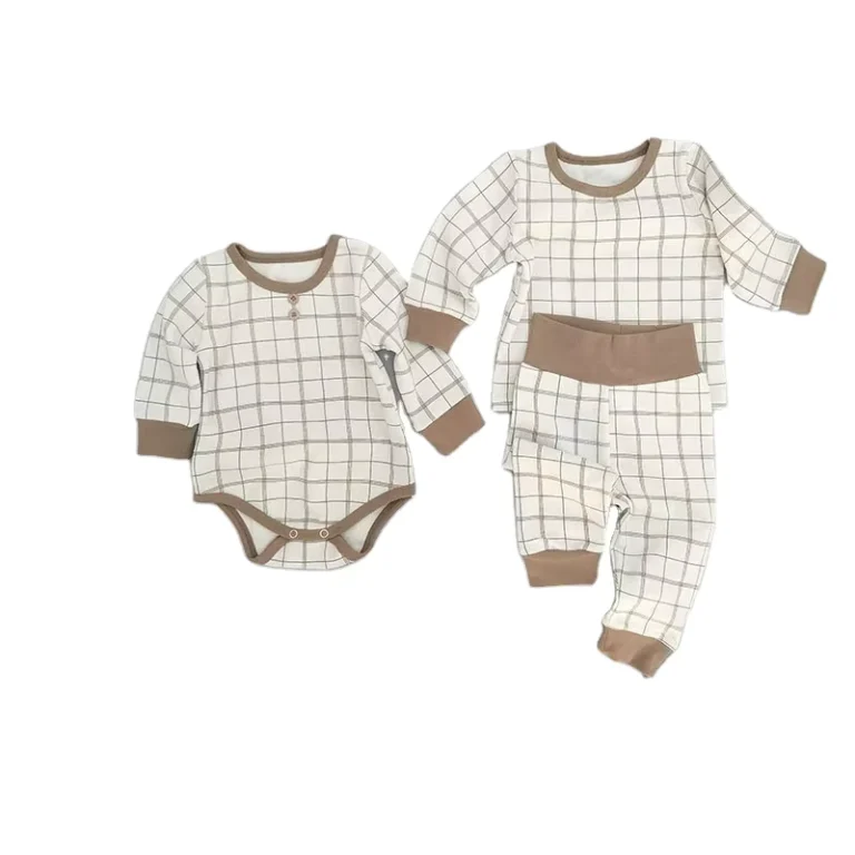 CHINEE-Kids-Baby-Pajamas-Super-Soft-100-Cotton-Romper-Checked-Gingham-Long-Sleeve-Baby-Bottom-Snap-Onesie-With-Legging