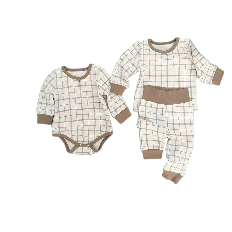 CHINEE Kids Baby Pajamas Super Soft 100% Cotton Romper Checked Gingham Long Sleeve Baby Bottom Snap Onesie With Legging