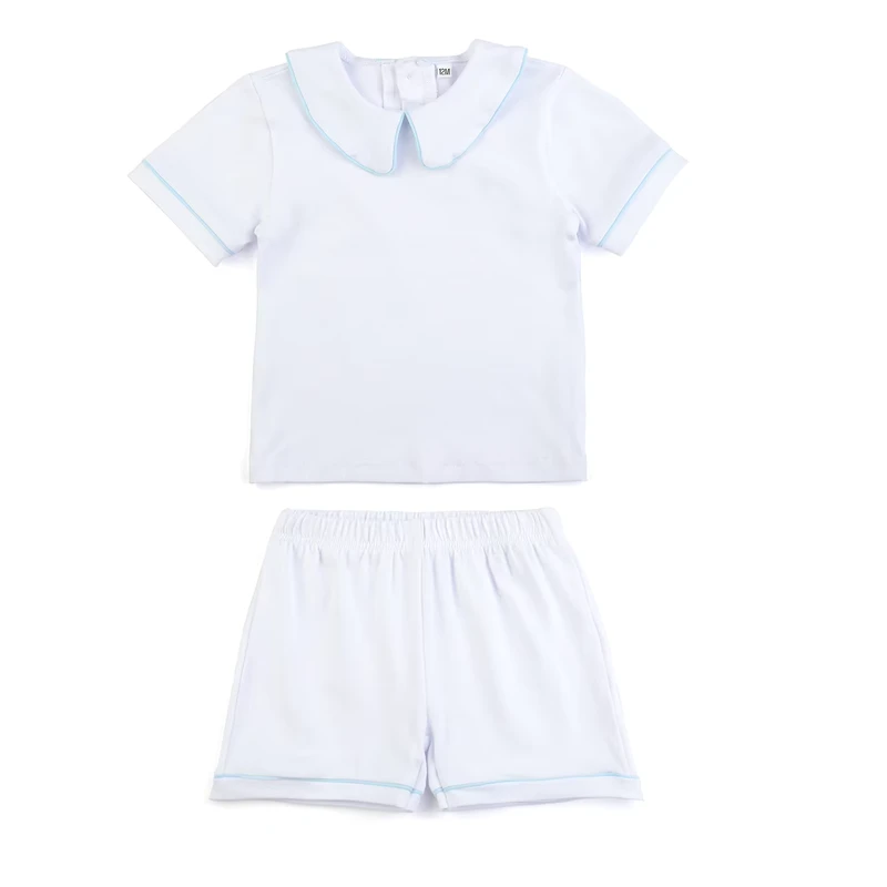CHINEE Kids Boy Pan Collar Two Piece Short Sleeve Pajamas Knitted Blank Cotton Custom Embroidery Summer Pjs Baby Pajama