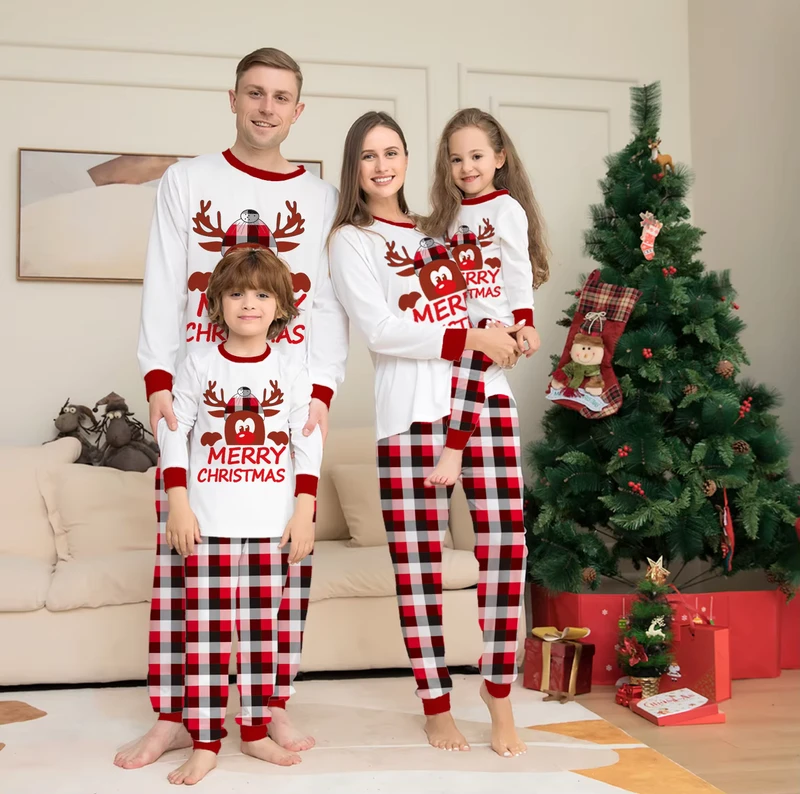CHINEE Kids Christmas Pajamas Long Sleeves Gride Christmas Family Matching Pajamas