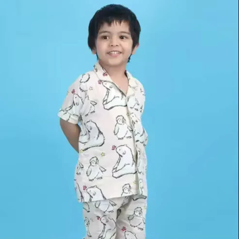CHINEE Kids Cotton Night Suit Set Soft Breathable Boys Girls Printed Pajama Set Short Sleeve Shirt Comfortable Pajama Pants Sleepwear