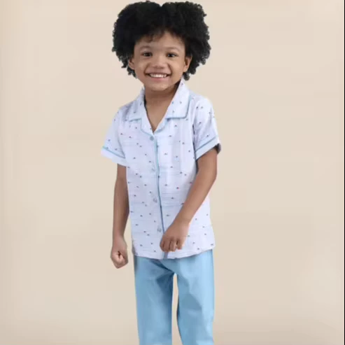 CHINEE Kids Cotton Pajama Set Short Sleeve Button Down Top with Soft Pants Comfortable Breathable Sleepwear Nightwear for Boys