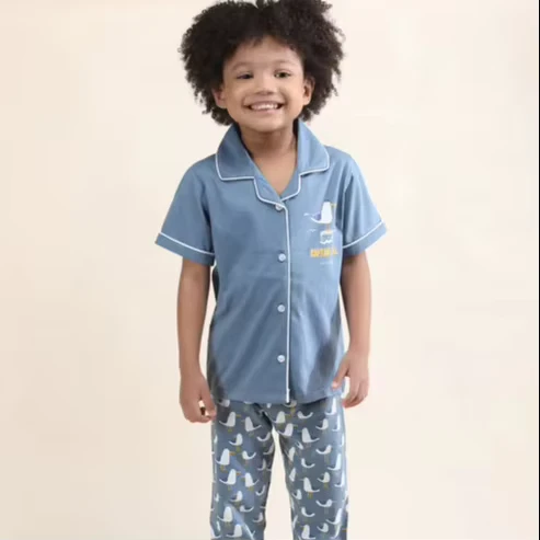 CHINEE Kids Cotton Pajama Set Soft Short Sleeve Button Down Top with Printed Pants Comfortable Breathable Sleepwear Nightwear for Boys