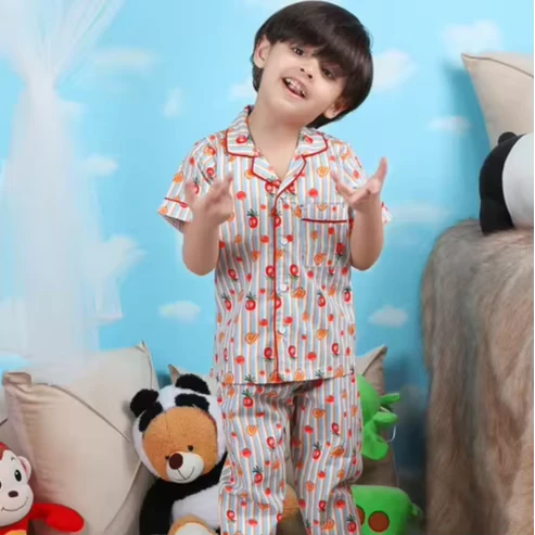 CHINEE Kids Cotton Striped Fruit Print Pajama Set Soft Breathable Short Sleeve Button Down Shirt Pants Comfortable Nightwear for Boys
