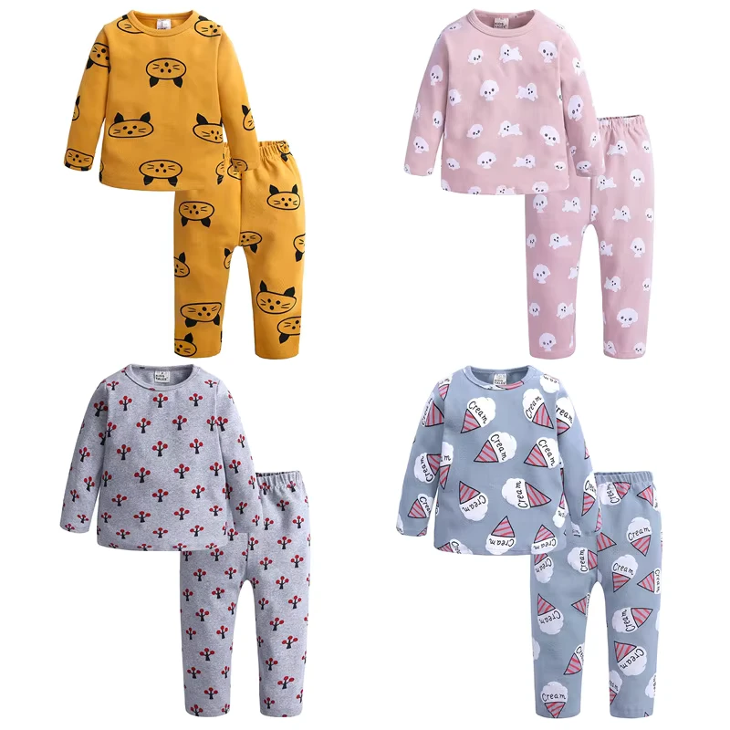 CHINEE Kids Knitted Cotton Baby Pajama Set Breathable Home Clothes with Cartoon Pattern for Spring and Autumn