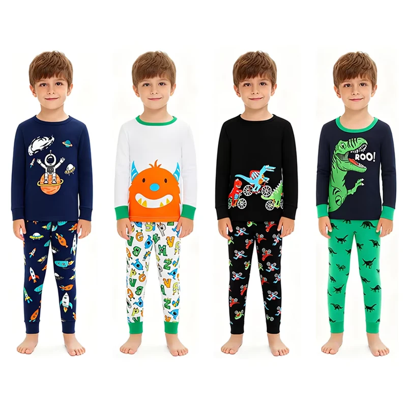 CHINEE Kids Long Sleeve Cotton Pajamas Soft Breathable Cotton Nightwear for Kids Pajama Set Boys and Girls Cartoon Pajamas Set