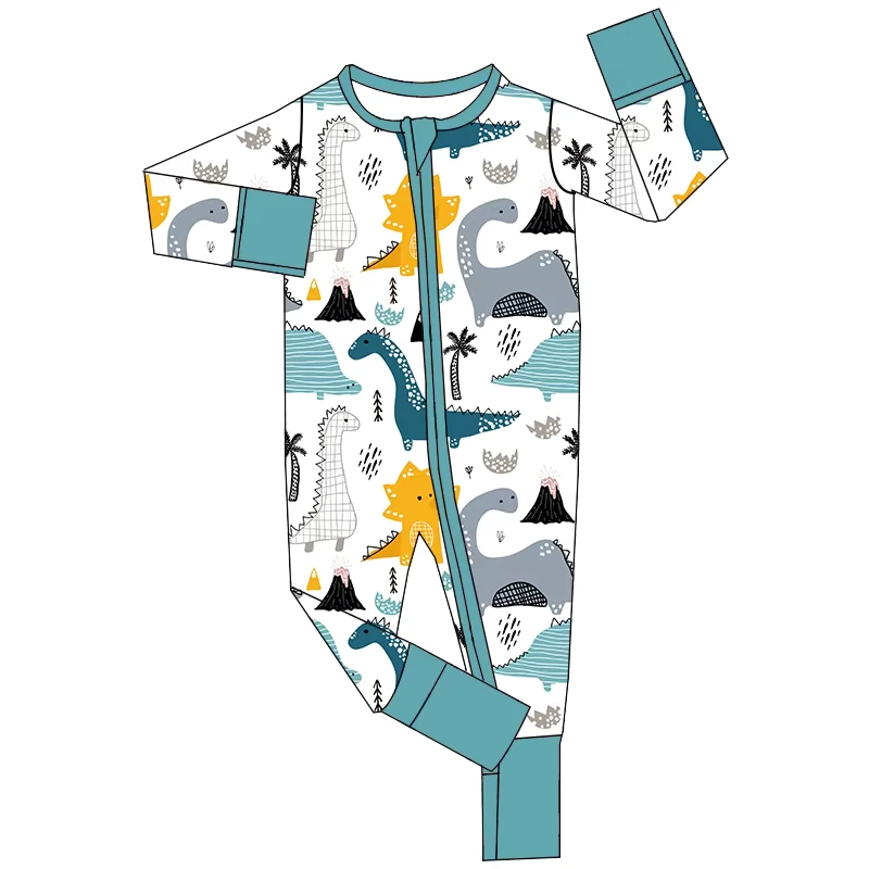 CHINEE Kids Long Sleeve Romper Custom Cartoon Dinosaur Print Baby Bamboo One Piece Pjs Infant Girl Zippy Sleeper Wear