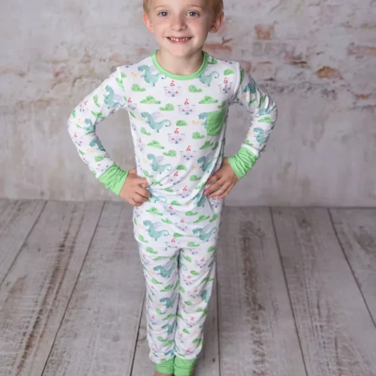 CHINEE-Kids-Pajamas-Baby-Sleepwear-Organic-Bamboo-Spandex-Fiber-Long-Sleeve-Cartoon-Dinosaur-Print-Custom-Two-Piece-Set-for-Boys-Girls