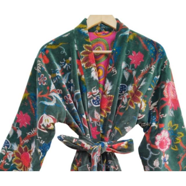 CHINEE Kimono Velvet Print Women's Cotton Robe Long Breathable Flowers Morning Tea Velvet Coat Bridesmaid Robe Winter