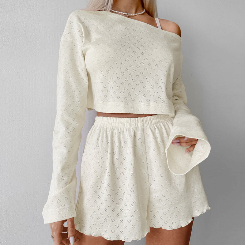 CHINEE Knit Blend Two Piece Long Sleeve Shorts Skin Friendly Soft Stretch Women Loungewear Set