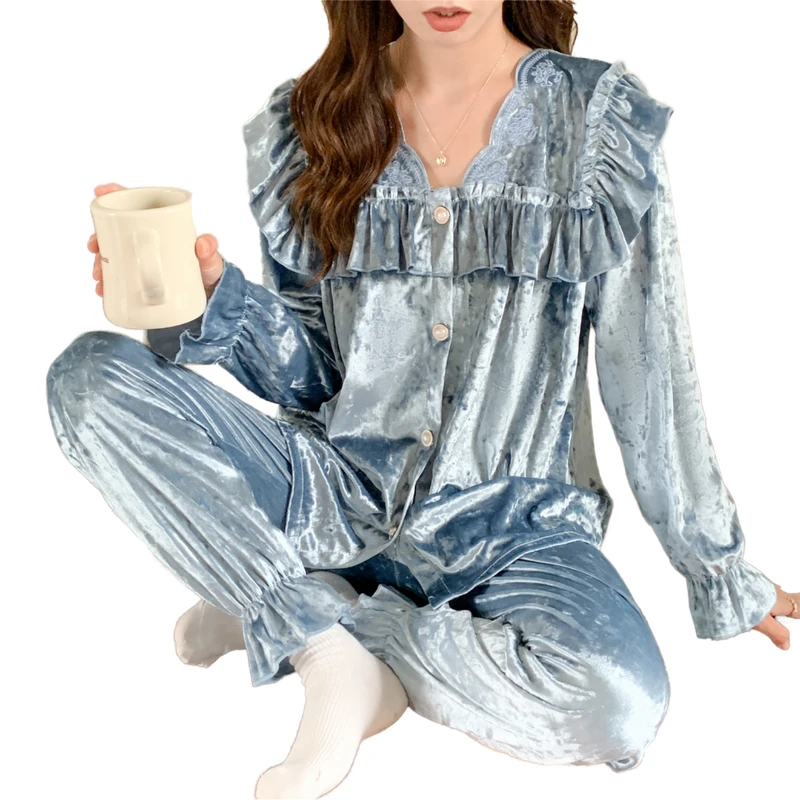 CHINEE Knitted Flannel Women's Nightgown Pyjamas Sleepwear Elastic Waist Sexy Fashion Long Sleeve Quick Dry 380g Autumn