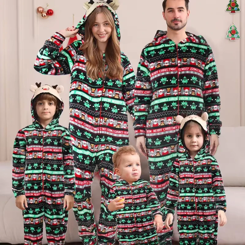 CHINEE Knitted Thermal Winter Christmas Jumpsuit Printed Hooded Elastic Waist Onesie Pajamas Family Matching Outfits