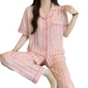 CHINEE Korean Style Sweet Striped Collared Cardigan and Crinkled Fabric Women's Pajamas Spring Loungewear Set