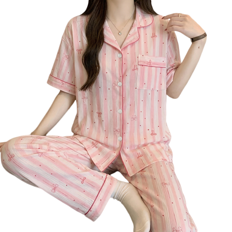CHINEE Korean Style Sweet Striped Collared Cardigan and Crinkled Fabric Women's Pajamas Spring Loungewear Set