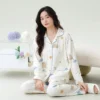 CHINEE LONGD Women's Elegant Knitted Long Sleeve Pajama Set Casual Home Wear Loungewear Moisture Wicking Quick Dry Breathable Sleepwear