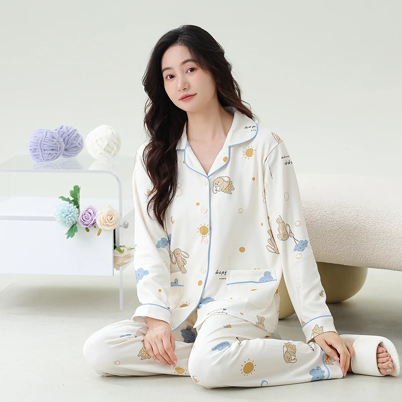 CHINEE LONGD Women's Elegant Knitted Long Sleeve Pajama Set Casual Home Wear Loungewear Moisture Wicking Quick Dry Breathable Sleepwear